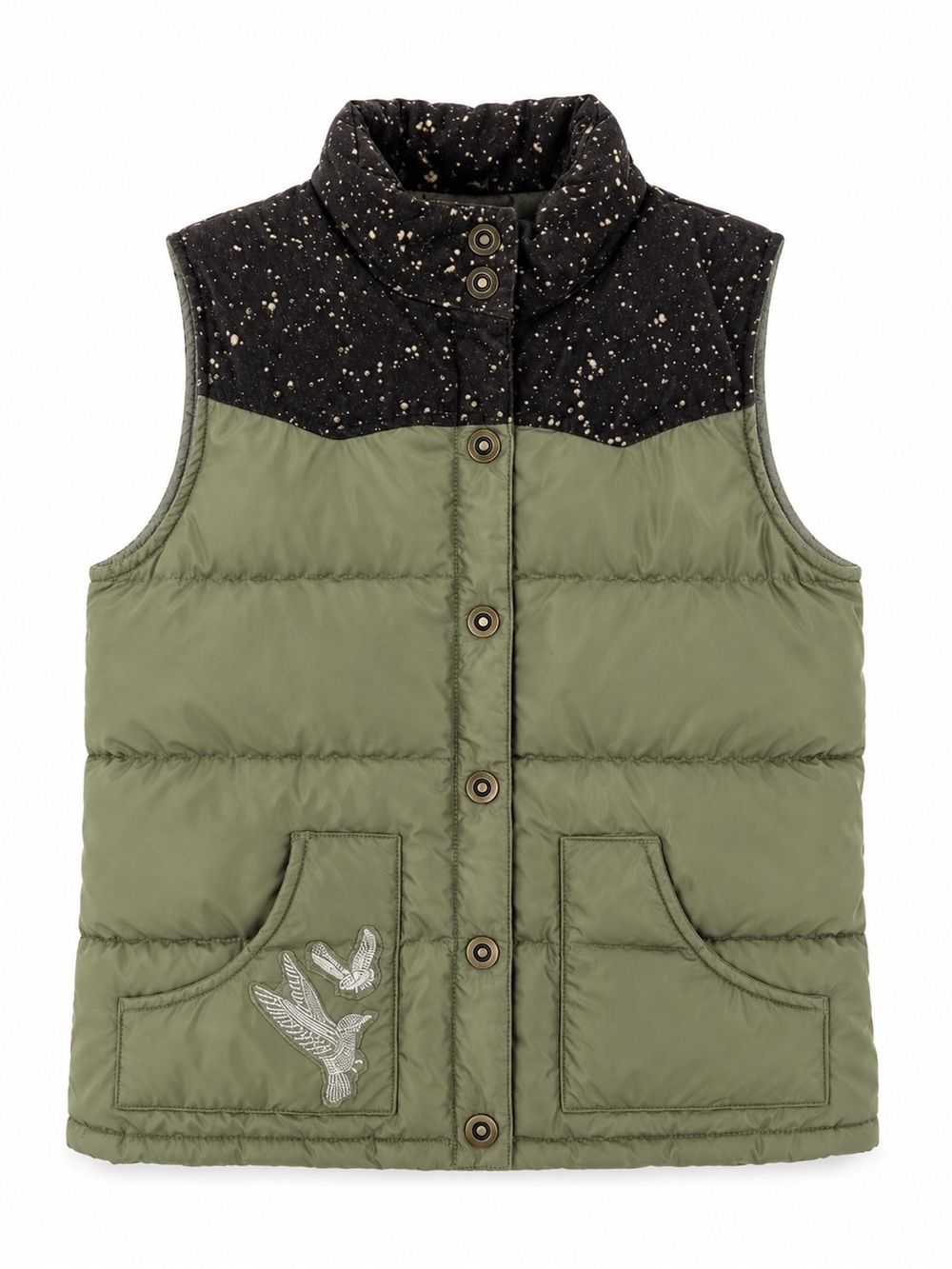 Old Navy Frost Free Puffer Vest L Olive Green Bird Embroidery Wester Yoke